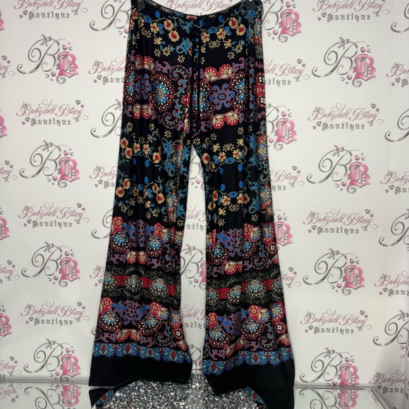 Pants floral hippie flare bootcut red blue cream black soft stretchy comfy luxe - Picture 3 of 13